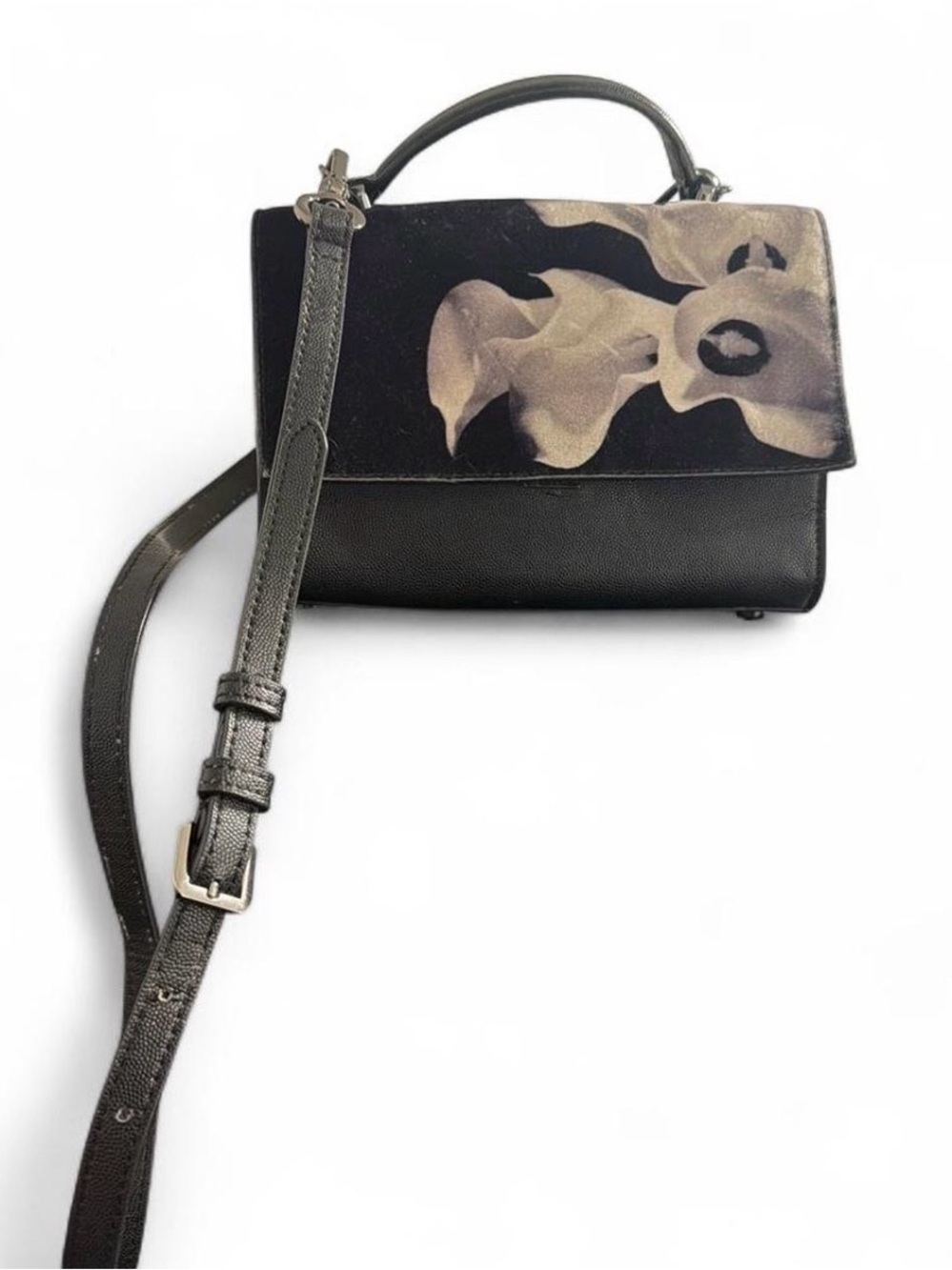 Charles & Keith Black Crossbody with Cream Floral Flap